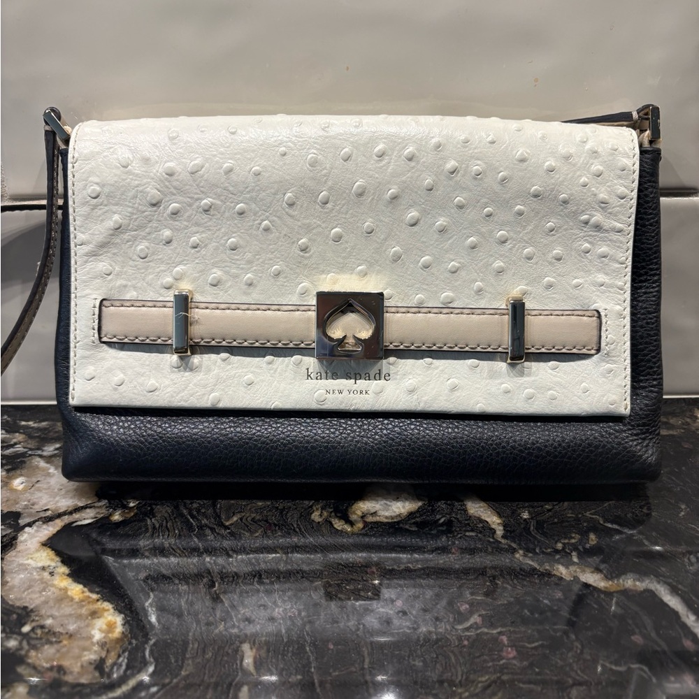 Vtg Kate Spade Ivory & Black Houston Street Loula Pebbled Leather Crossbody Bag